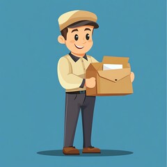 Mailman cartoon holding envelope and mailbag, vector flat design