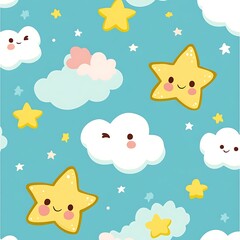 Kawaii stars and clouds pattern, vector background