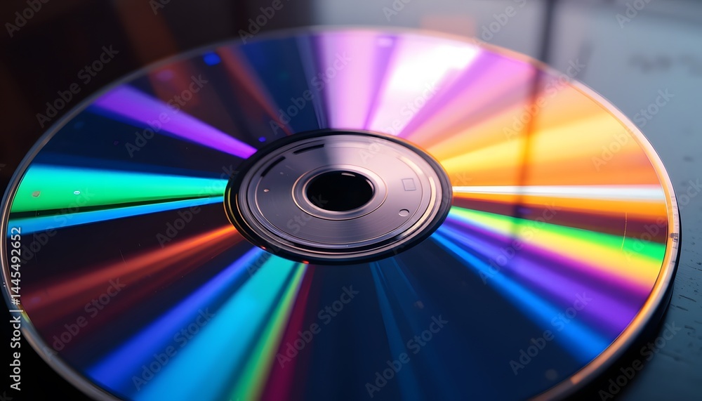Poster iridescent surface, circular disc reflection showing vibrant hues, light refraction on compact disk 