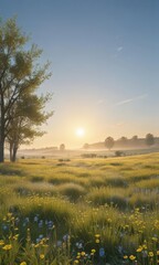 Fototapeta premium Sunlit meadow, yellow to pastel blue sky fade, abstract, ethereal, vibrant