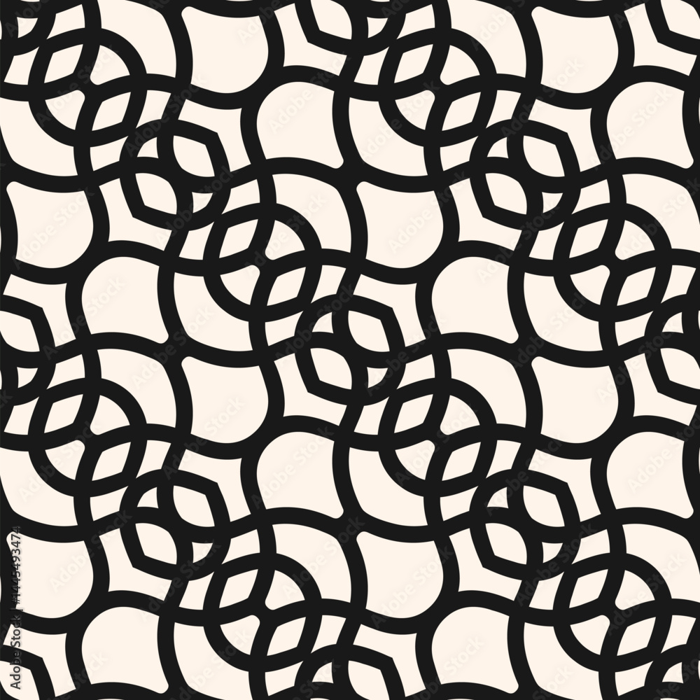 Wall mural abstract vector seamless pattern. black and white texture with curved lines, diagonal mesh, grid, la