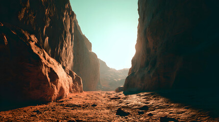 Sunlit canyon carved by time reveals nature's majesty with colossal rock formations and ethereal sky
