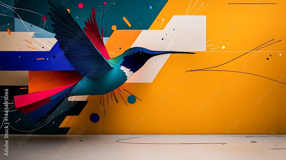 Aufkleber vibrant mural of a hummingbird in flight against a colorful abstract background in an urban setting