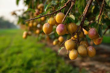 Ripe Plums Hanging on Branches in Orchard, Golden Sunlight, Sweet Taste, Vibrant Colors, Juicy Fruit, Summer Harvest, Agricultural Bounty, Nature's Delight, Plums Ripening on Tree, Fresh Produce