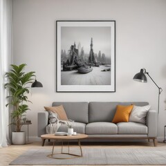 Modern living room interior, poster mockup clipped to a white wall , clean lines, house, aesthetic
