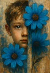 Philosophical Portrait of a Boy Blended with Blue Flowers and Abstract Paint Strokes, 4K Oil Painting Style
