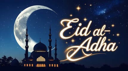 Fototapeta premium Night Mosque Silhouette with Moon for Eid al-Adha