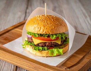 A hamburger with cheese on a wooden tray. Hamburger wrapped in unbranded white parchment paper 