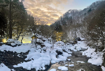 Sunrise in a snowy mountain region in Japan