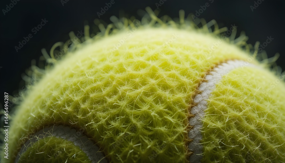 Poster close-up of a tennis ball surface, revealing the intricate texture. the fuzzy fibers are magnified. 