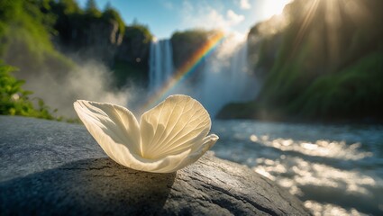 White flower with rainbow waterfall backdrop nature beauty