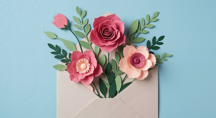 Envelope with pink paper flowers and green leaves on blue background. Handmade floral greeting, celebration, holiday concept. Sale of cards, gifts, spring, event, banner horizontal