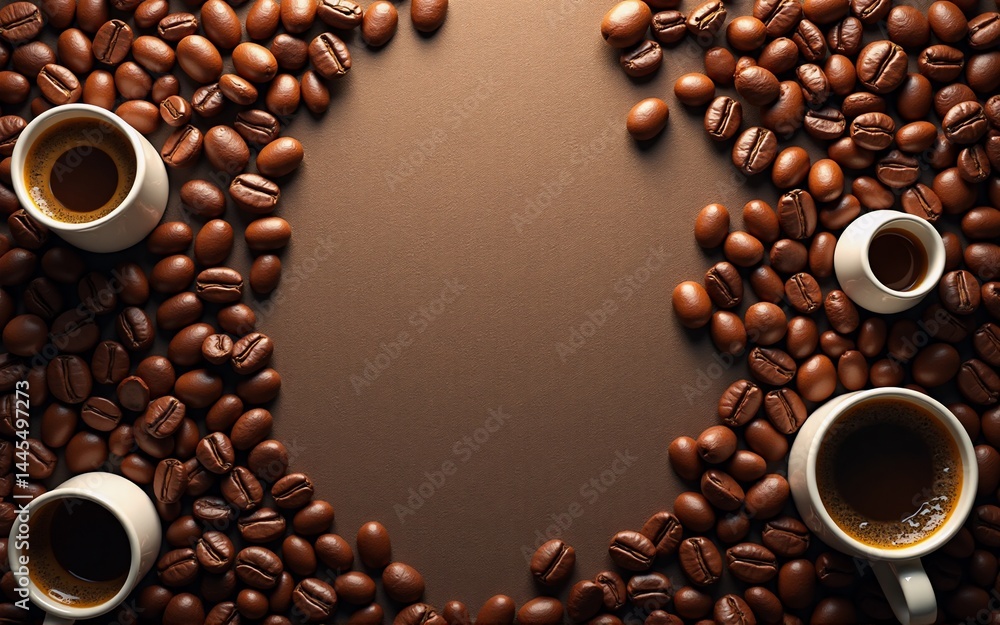 Aufkleber Espresso cups and coffee beans arranged in a circular frame on a brown background.  A perfect image for coffee-themed designs or promotions.