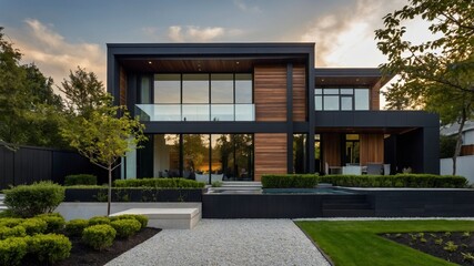 Obraz premium Contemporary modern house facade with warm lighting and stylish architectural features in a residential neighborhood