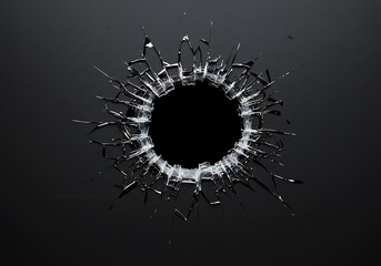 A shattered glass pane with a circular hole against a dark black background in a studio shot