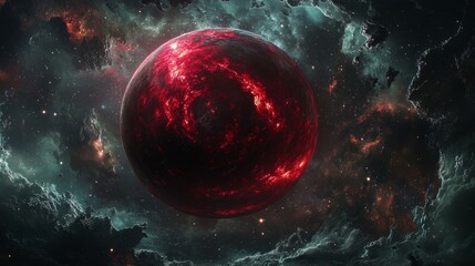 Fototapeta premium Glowing Red Planet in Dark Nebula Space