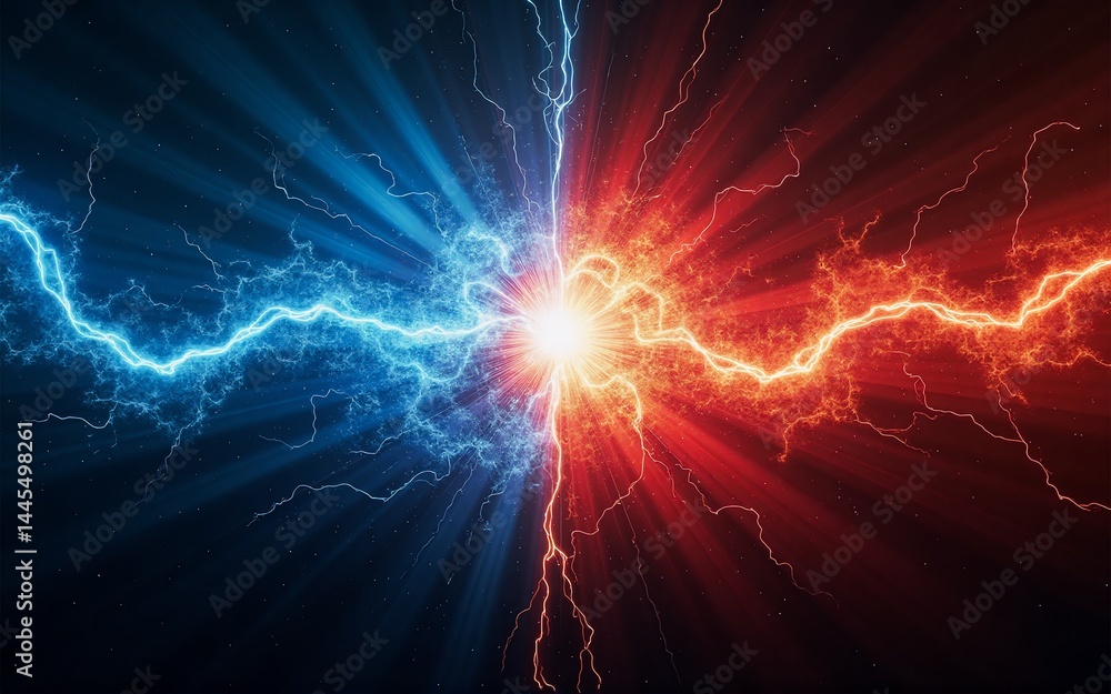 Poster a clash of elemental forces: vibrant blue and red lightning collide in a dramatic burst of energy, r