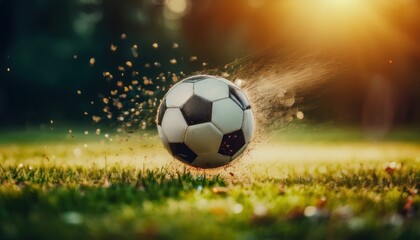 Naklejka premium close-up of classic black and white soccer ball kicking up grass on sunny field at sunset, perfect for sports branding, web design, or print graphics