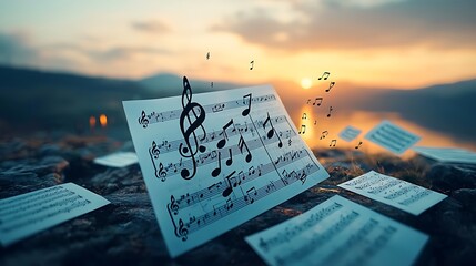 Music notes float over a scenic landscape at sunset