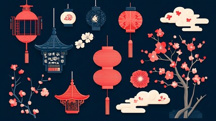Elegant Oriental Lanterns and Cherry Blossom Artwork Against a Dark Backdrop