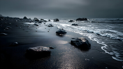 Dramatic seascape reveals a black sand beach under a moody sky, with foamy waves crashing
