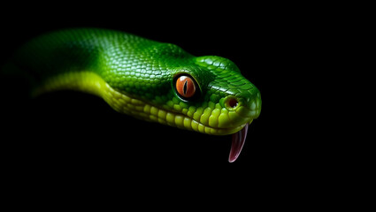 Obraz premium A bright green snake with smooth scales stared intently from the darkness.