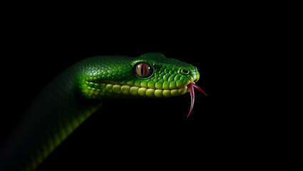 Fototapeta premium A bright green snake with smooth scales stared intently from the darkness.
