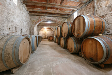 Elegant Cellar in Italy with Rows of Wine Barrels
