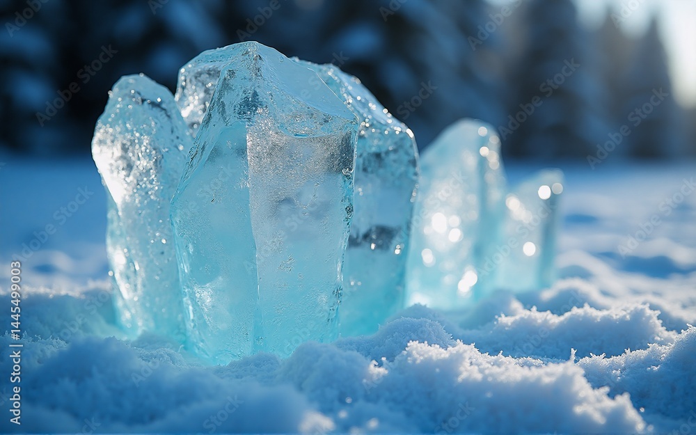 Poster Translucent blue ice chunks rest on pristine snow, bathed in sunlight.  A blurred forest forms the background.