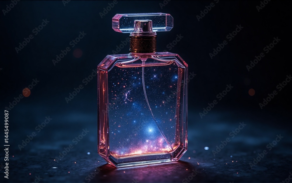 Poster a captivating image of a perfume bottle, its transparent glass filled with a mesmerizing cosmos of s