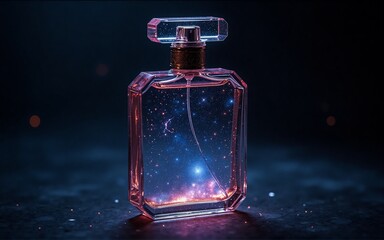 A captivating image of a perfume bottle, its transparent glass filled with a mesmerizing cosmos of stars, nebulae, and celestial dust.  The bottle sits on a dark surface, illuminated by an ethereal gl