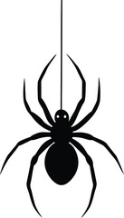 silhouette of a spider hanging from thread on white background