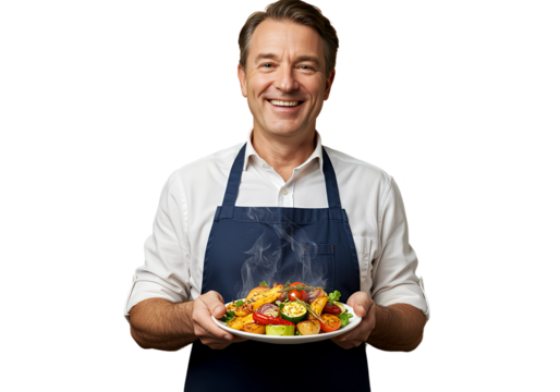 A cheerful man in a kitchen apron, holding a plate of food, isolated