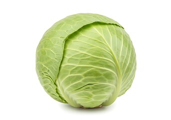 A single head of green cabbage isolated on a white background in a studio shot with soft lighting