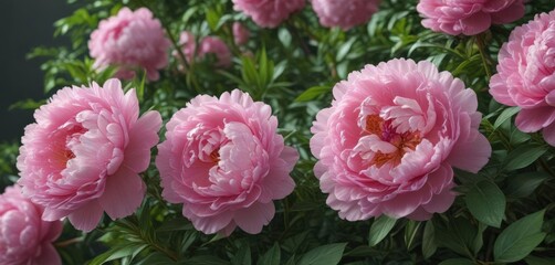 Obraz premium Luscious pink peonies, lush green leaves Close-up view , flowering, beauty, vibrant