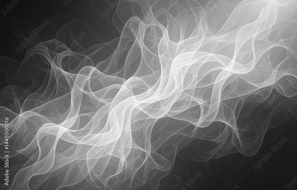 Poster abstract grayscale artwork featuring flowing, translucent waves against a dark background. the image