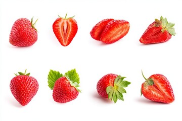 Side-angle macro shot of strawberry revealing seed pattern and natural highlights, studio lighting, white backdrop for pastry menu visuals.