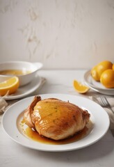 Golden-brown, perfectly roasted chicken breast, glistening with citrus glaze, on a white plate against a kitchen backdrop ,  orange,  white plate