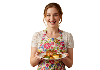 A cheerful woman in a kitchen apron, holding a plate of food, isolated