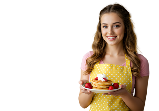 A cheerful woman in a kitchen apron, holding a plate of food, isolated