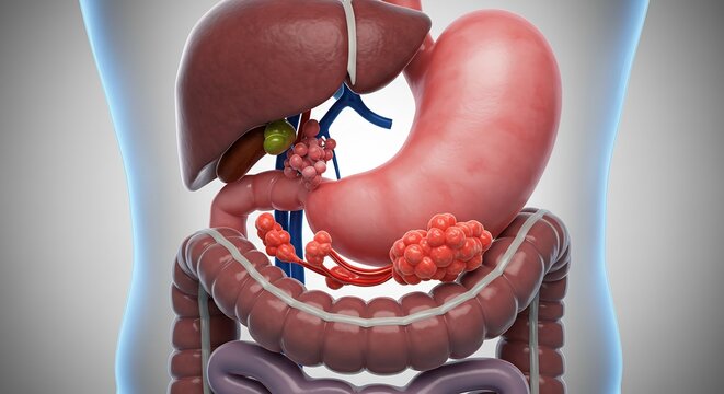 3D Medical Illustration of Human Digestive System with Gallbladder and Pancreas Highlighting Digestive Organs Anatomy