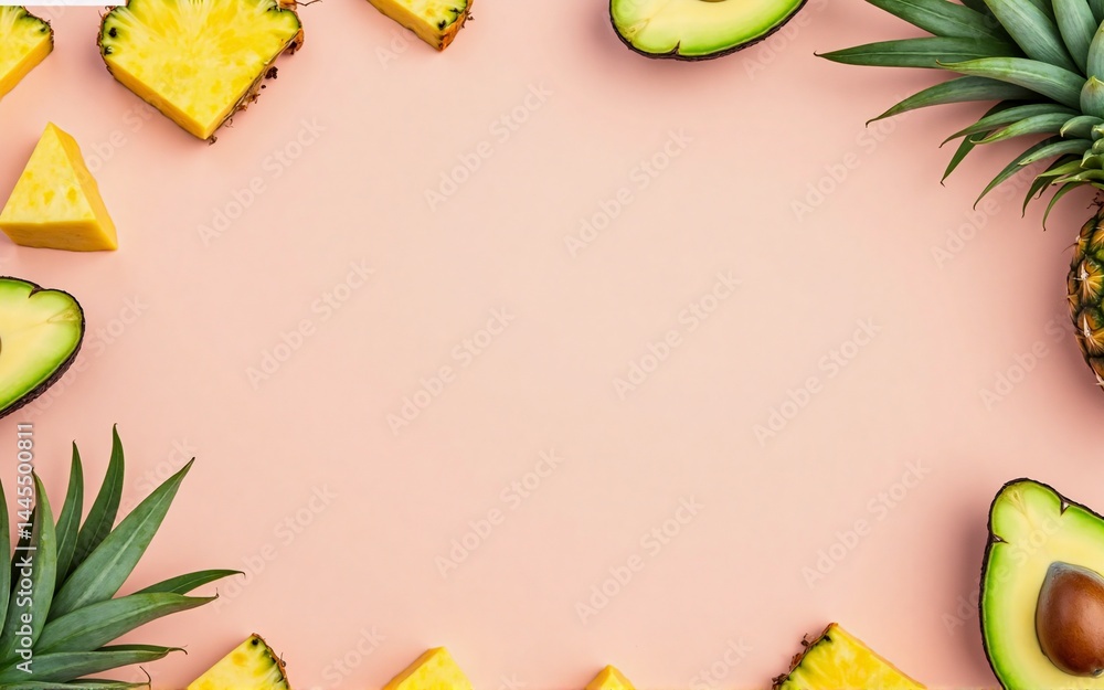 Poster a vibrant flat lay featuring pineapple and avocado slices arranged in a frame on a pale pink backgro