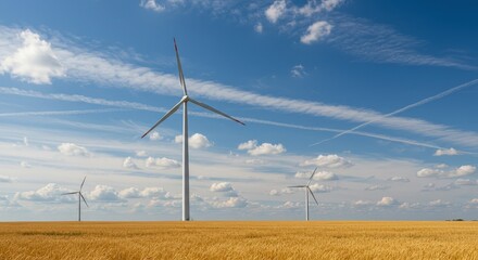 Wind park turbine against blue sky