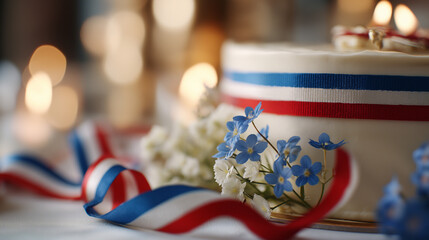 Traditional Slovenian potica cake with festive ribbons, glowing candlelight, alpine wildflowers; celebrating national pride and heritage.