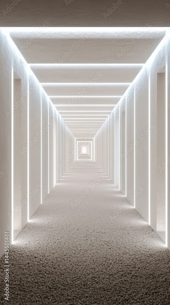 Poster modern architectural corridor with bright light lines and textured floor featuring minimalist design