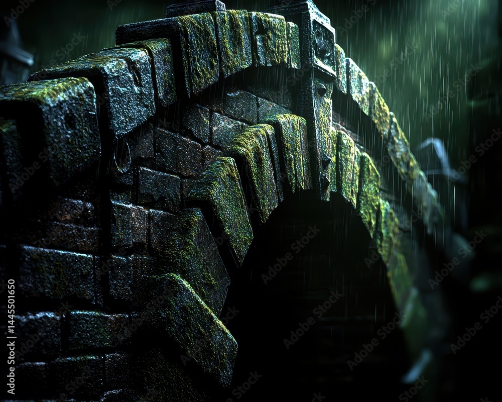 Poster detailed close-up of an ancient stone bridge with rain and moss in a mystical forest setting