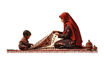 A mother and child in a Moroccan souk weaving a magic carpet, arabesque patterns, isolated on white background