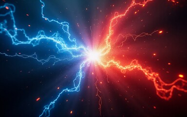 Clashing energy, vibrant blue and red lightning bolts collide in a fiery, dark expanse. Sparks fly, creating a dramatic, intense light show.