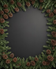 Lush fir branches and pine cones border, rustic winter Christmas feel , evergreen, frost