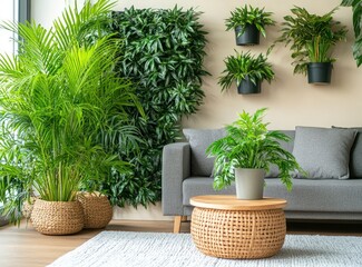 Interior with Plants, Sofa, and Green Wall